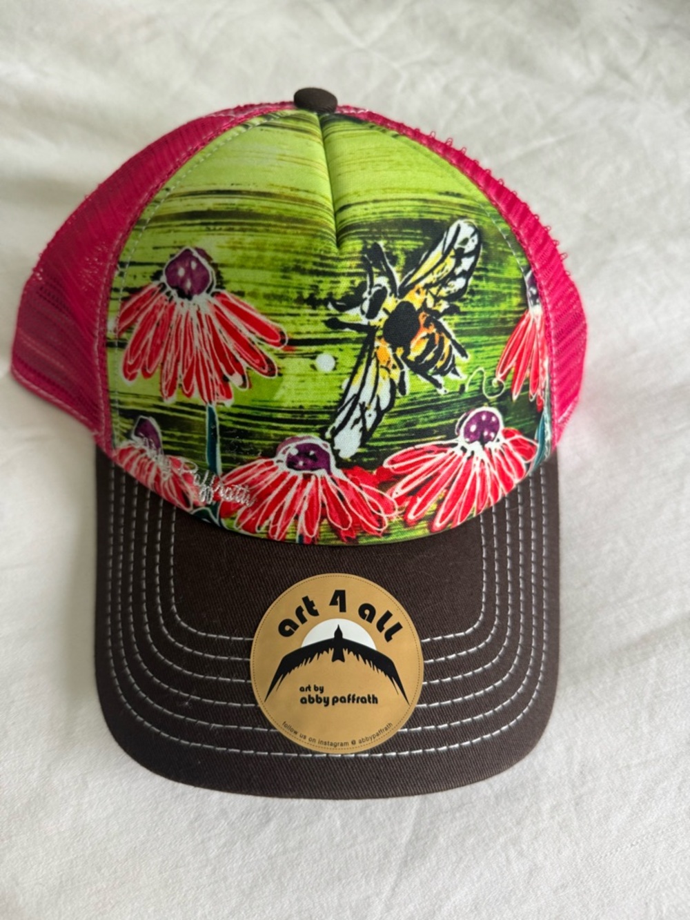 Kids Floral & Bee Trucker Hat in Pink and Green